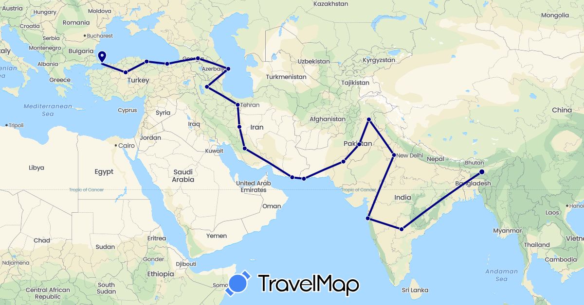TravelMap itinerary: driving in Azerbaijan, Georgia, India, Iran, Pakistan, Turkey (Asia)